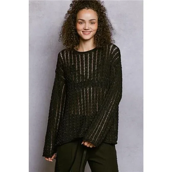 POL Openwork Round Neck Knit Top with Shiny Detail